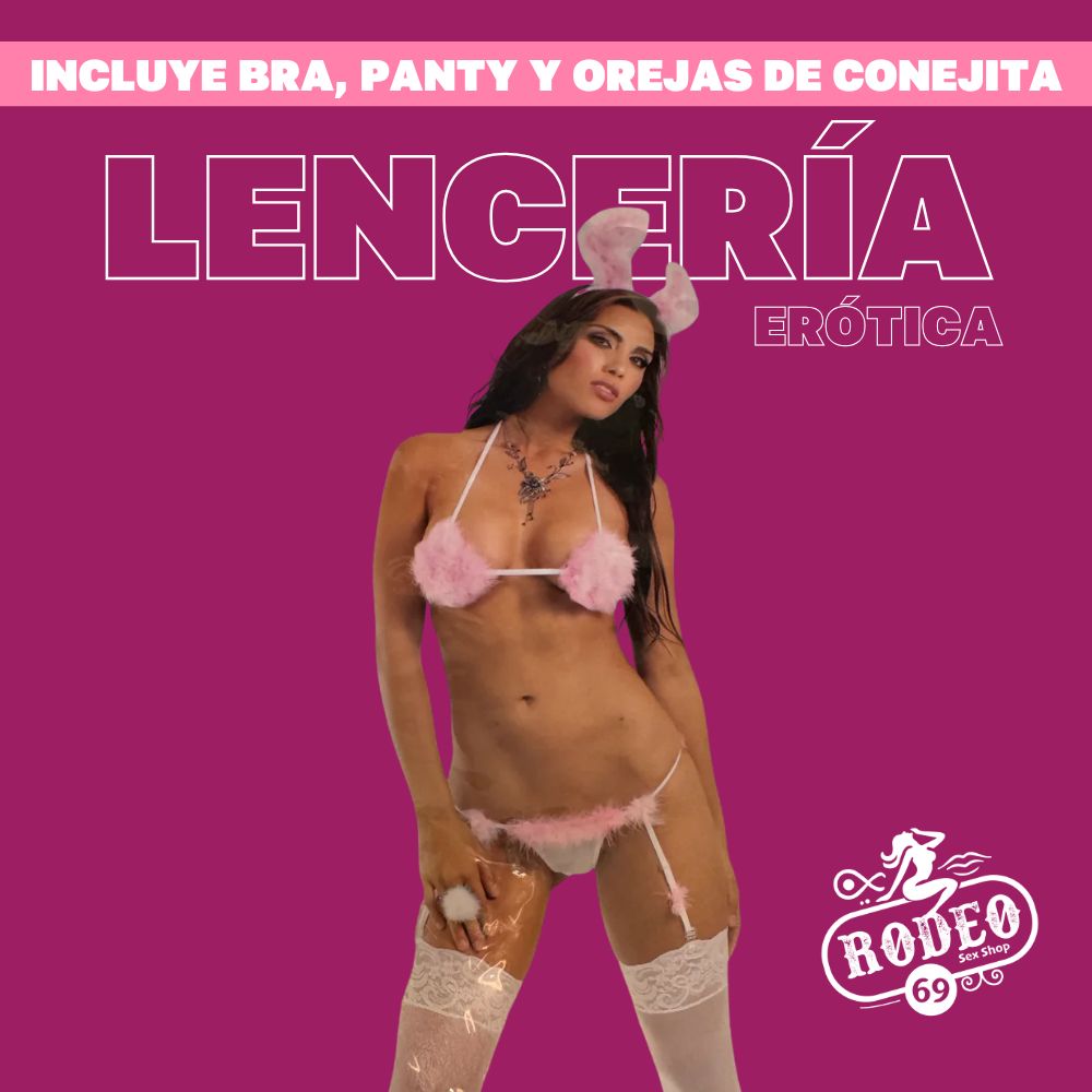 Disfraz Conejita Playboy (UNITALLA) Incluye: Bra, Panty y Orejas de conejita.